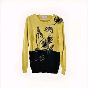 Vtg Viti Sweater Women M Black Yellow LS Crewneck Floral Whismsigoth Artsy Boho